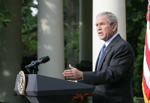 President George W. Bush delivers a statement on North Korea Thursday, June 26, 2008, in the Rose Garden of the White House. Said the President, "The policy of the United States is a Korean Peninsula free of all nuclear weapons. This morning, we moved a step closer to that goal, when North Korean officials submitted a declaration of their nuclear programs to the Chinese government as part of the six-party talks." White House photo by Chris Greenberg