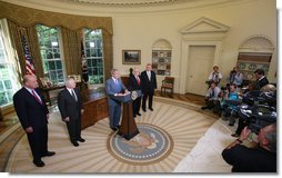 President George W. Bush delivers a brief statement Monday, June 30, 2008, at the White House after signing H.R. 2642, the Supplemental Appropriations Act, 2008. With him from left are: Deputy U.S. Secretary of State John Negroponte, U.S. Secretary of Defense Robert Gates, U.S. Secretary of Veterans' Affairs James Peake and John Walters, Director of the Office of National Drug Control Policy. The war supplemental spending package includes nearly $162 billion for the wars in Iraq and Afghanistan, increased education benefits for veterans, and an additional 13 weeks of unemployment insurance benefits. White House photo by Joyce N. Boghosian