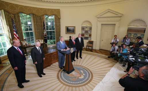 President George W. Bush delivers a brief statement Monday, June 30, 2008, at the White House after signing H.R. 2642, the Supplemental Appropriations Act, 2008. With him from left are: Deputy U.S. Secretary of State John Negroponte, U.S. Secretary of Defense Robert Gates, U.S. Secretary of Veterans' Affairs James Peake and John Walters, Director of the Office of National Drug Control Policy. The war supplemental spending package includes nearly $162 billion for the wars in Iraq and Afghanistan, increased education benefits for veterans, and an additional 13 weeks of unemployment insurance benefits. White House photo by Joyce N. Boghosian