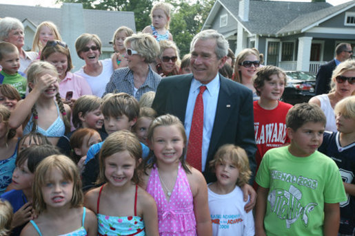 President George W. Bush unexpectedly drops by Mabry Meadors 7th birthday party Tuesday, July 1, 2008 in Little Rock Arkansas. White House photo by Joyce N. Boghosian