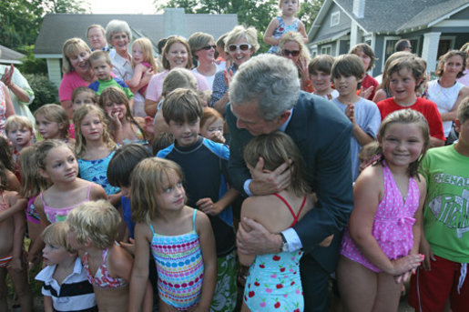 President George W. Bush unexpectedly drops by Mabry Meadors 7th birthday party Tuesday, July 1, 2008 in Little Rock Arkansas. White House photo by Joyce N. Boghosian