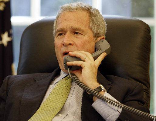 President George W. Bush speaks to Colombia's President Alvaro Uribe Velez after the announcement Thursday, July 2, 2008, by the Colombia's military that it had rescued 15 hostages, including former presidential candidate Ingrid Betancourt and three U.S. military contractors, from leftist rebels. White House photo by Eric Draper