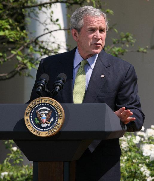 President George W. Bush addresses the media Wednesday, July 2, 2008, as he delivers a statement in the Rose Garden regarding the upcoming 2008 G8 Summit in Japan. White House photo by Joyce N. Boghosian