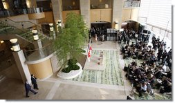 President George W. Bush and Prime Minister Yasuo Fukuda of Japan enter the Banquet Lobby at the Windsor Hotel Toya Resort and Spa Sunday, July, 6, 2008, for a joint press availability. The President and Mrs. Laura Bush arrived in Toyako on the northern Japanese Island of Hokkaido to attend the Group of Eight Summit.  White House photo by Eric Draper