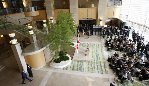 President George W. Bush and Prime Minister Yasuo Fukuda of Japan enter the Banquet Lobby at the Windsor Hotel Toya Resort and Spa Sunday, July, 6, 2008, for a joint press availability. The President and Mrs. Laura Bush arrived in Toyako on the northern Japanese Island of Hokkaido to attend the Group of Eight Summit. White House photo by Eric Draper