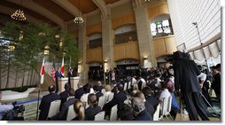 President George W. Bush and Prime Minister Yasuo Fukuda of Japan participate in a joint press availability Sunday, July 6, 2008, at the Windsor Hotel Toya Resort and Spa, site of the 2008 G8 Summit. White House photo by Eric Draper