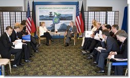 President George W. Bush and Chancellor Angela Merkel of Germany, meet Tuesday, July 8, 2008, at the Windsor Hotel Toya Resort and Spa in Toyako, Japan. Calling Chancellor Merkel a “constructive force for good,” President Bush told his fellow leader, “I value your friendship. I value your advice.”  White House photo by Eric Draper