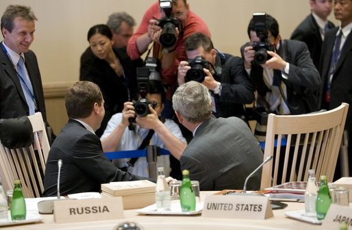 President George W. Bush and President Dmitriy Medvedev are the center of focus Tuesday, July 8, 2008, prior to the start of the morning’s G-8 Working Session in Toyako, Japan. White House photo by Eric Draper