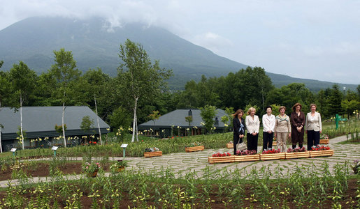 Mrs. Laura Bush and spouses of G-8 leaders pause for the family photo Tuesday, July 8, 2008, during their visit to the village of Makkari on the northern Japanese island of Hokkaido. From left are: Mrs. Margarida Uva Barosso, Mrs. Laureen Harper, Mrs. Kiyoko Fukuda, Mrs. Bush, Mrs. Sarah Brown and Mrs. Svetlana Medvedeva. White House photo by Shealah Craighead