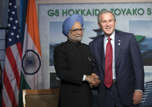 President George W. Bush shakes hands with Indian Prime Minister Manmohan Singh following a meeting at the G-8 Summit Wednesday, July 9, 2008, in Toyako, Japan. White House photo by Eric Draper