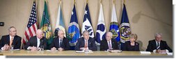 President George W. Bush sits with members of his economic team Friday, July 11, 2008, during a meeting at the U.S. Department of Energy. From left are: Secretary Dirk Kempthorne of the Department of the Interior; Secretary Samuel Bodman of the Department of Energy; Secretary Henry Paulson of the Department of Treasury; President Bush, Vice President Dick Cheney, Secretary Mary Peters of the Department of Transportation, and Secretary Edward Schafer of the Department of Agriculture.  White House photo by Joyce N. Boghosian