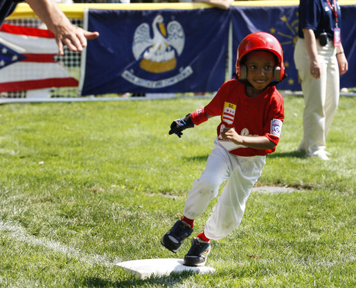 Maxwell Cowan of Eastern U.S. All-Stars rounds third base Wednesday, July 16, 2008, against the Central U.S. during an All-Star Tee Ball doubleheader on the South Lawn of the White House. White House photo by Eric Draper