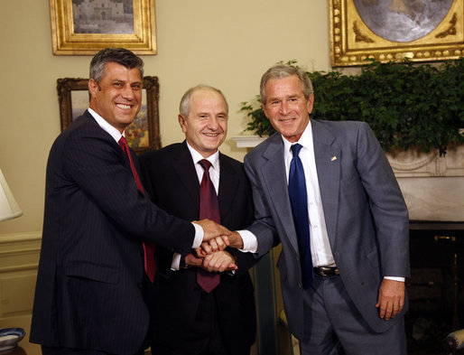 President George W. Bush shakes hands with Kosovo President Fatmir Sejdiu, center, and Kosovo Prime Minister Hashim Thaci, left, during a meeting Monday, July 21, 2008, in the Oval Office of the White House. White House photo by Eric Draper