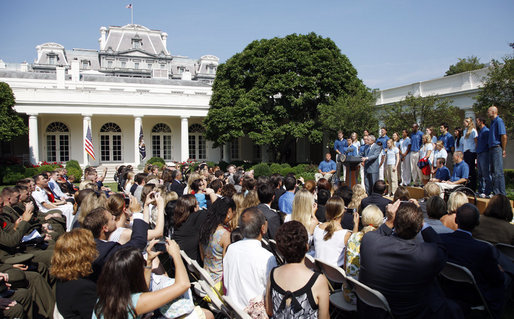 President George W. Bush delivers remarks to the members of the 2008 United States Summer Olympic Team Monday, July 21, 2008, in the Rose Garden of the White House. White House photo by Eric Draper