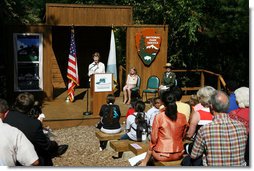 Mrs. Laura Bush addresses her remarks Monday, July 28, 2008, during a visit to the Carl Sandburg Home National Historic Site in Flat Rock, N.C., announcing a $50,000 grant to benefit the Junior Ranger program at the historic site. White House photo by Shealah Craighead