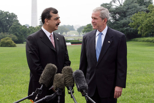 President George W. Bush and Pakistani Prime Minister Syed Yousaf Raza Gillani speak to the press Monday, July 28, 2008, on the South Lawn on the White House. White House photo by Chris Greenberg