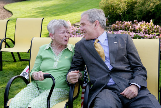 President George W. Bush wishes Ruth Harris a happy 91st birthday Tuesday, July 29, 2008, after making a surprise stop at her Gates Mill, Ohio, home. President Bush was in nearby Euclid, Ohio, for a visit to the Lincoln Electric Company. White House photo by Chris Greenberg