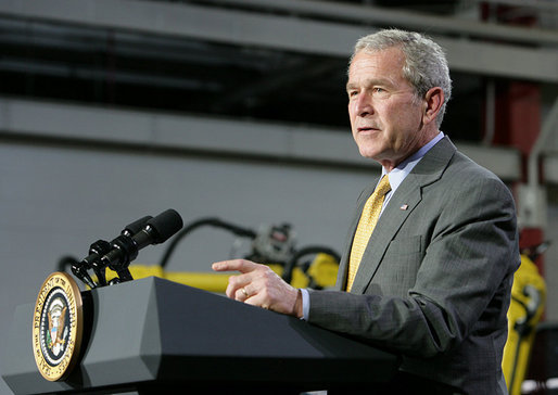 President George W. Bush addresses his remarks Tuesday, July 29, 2008 at the Lincoln Electric Company in Euclid, Ohio, on energy and economic issues. White House photo by Chris Greenberg