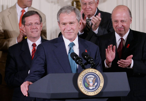 President George W. Bush is applauded as he addresses his remarks Wednesday, July 30, 2008 in the East Room of the White House, prior to signing of H.R. 5501, the Tom Lantos and Henry J. Hyde United States Global Leadership Against HIV/AIDS, Tuberculosis and Malaria Reauthorization Act of 2008. White House photo by Eric Draper