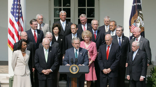 President George W. Bush, joined by Vice President Dick Cheney and members of the Cabinet, addresses his remarks Wednesday, July 30, 2008 in the Rose Garden at the White House, urging Congress to lift the ban on offshore exploration on the Outer Continental Shelf. White House photo by Joyce N. Boghosian