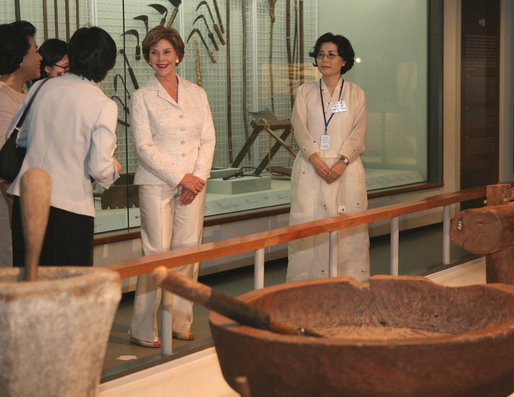 Mrs. Laura Bush visits the National Folk Museum of Korea Wednesday, Aug. 6, 2008, in Seoul. At right is Lee Ki Won, the museum's Deputy Director of Cultural Exchange and Education. White House photo by Shealah Craighead