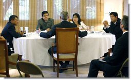 President George W. Bush participates in a roundtable radio interview concerning Burma Thursday, August 7, 2008, at the U.S. Ambassador's Residence in Bangkok.  White House photo by Eric Draper