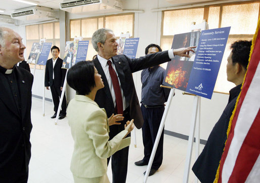 President George W. Bush participates in a tour upon his arrival to The Human Development Foundation-Mercy Centre, a non-profit organization to help educate and improve the health and welfare of poor children in Bangkok Thursday, Aug. 7, 2008. President Bush was led on his tour by the Director of The Human Development Center of Mercy Centre, Father Joe Maier and Executive Director Usanee Janngeon. White House photo by Eric Draper