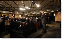 President George W. Bush delivers remarks at the Queen Sirikit National Convention Center Thursday, August 7, 2008, in Bangkok.  White House photo by Eric Draper