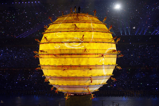 Performers dance on the surface of an illuminated sphere in the middle of National Stadium Friday, Aug. 8, 2008, during the Opening Ceremonies of the 2008 Summer Olympic Games in Beijing. White House photo by Eric Draper