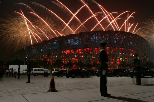 Fireworks explode over China's National Stadium in Beijing Friday night, Aug. 8, 2008, during the finale of the Opening Ceremonies for the 2008 Summer Olympics. White House photo by Chris Greenberg