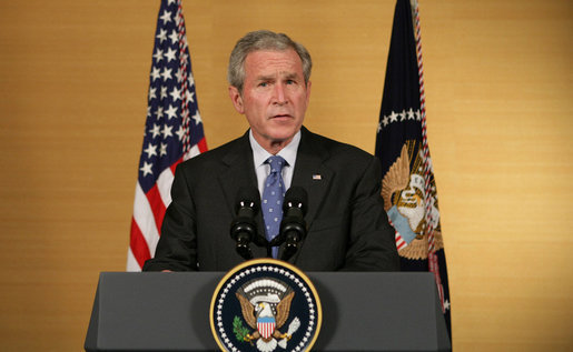 President George W. Bush addresses remarks Saturday, Aug.9, 2008 in Beijing, on the military conflict between Russia and Georgia. President Bush said he is concerned that the violence will endanger regional peace, and that the United States is working with European partners to lanuch international mediation. White House photo by Chris Greenberg