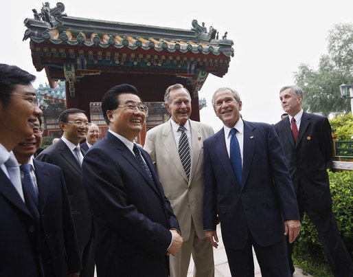 President George W. Bush is joined by his father, former President George H. W. Bush, during their visit with China's President Hu Jintao Sunday, Aug. 10, 2008, at Zhongnanhai, the Chinese leaders compound in Beijing. White House photo by Eric Draper