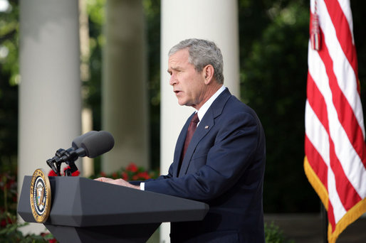 President George W. Bush delivers his statement on the escalating Russian violence in Georgia Monday, Aug. 11, 2008, in the Rose Garden of the White House. President Bush pressed Russia to accept an immediate cease-fire and to pull back its troops. White House photo by Luke Sharrett