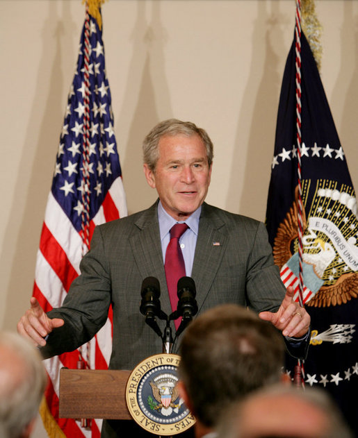 President George W. Bush gestures as he addresses his remarks Tuesday, Aug. 12, 2008, to the Coalition for Affordable American Energy at the Dwight D. Eisenhower Executive Office Building in Washington, D.C. President Bush said a comprehensive energy strategy should include the development of alternative energy technologies, conservation measures and more oil exploration on the Outer Continental Shelf. White House photo by Chris Greenberg