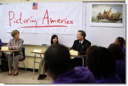 Mrs. Laura Bush participates in a classroom discussion Thursday, Aug. 14, 2008, at the Edna Karr High School in New Orleans, where the National Endowment for the Humanities' Picturing America program is discussed. The Picturing America program is a collection of American art offered to schools and public libraries to help educators teach American history and culture through art.  White House photo by Shealah Craighead