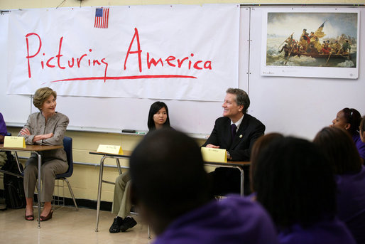 Mrs. Laura Bush participates in a classroom discussion Thursday, Aug. 14, 2008, at the Edna Karr High School in New Orleans, where the National Endowment for the Humanities' Picturing America program is discussed. The Picturing America program is a collection of American art offered to schools and public libraries to help educators teach American history and culture through art. White House photo by Shealah Craighead