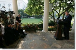 President George W. Bush delivers a statement in the Rose Garden Friday, Aug. 15, 2008, on the situation in Georgia. Said the President, "The United States and our allies stand with the people of Georgia and their democratically elected government. Georgia's sovereignty and territorial integrity must be respected. Moscow must honor its commitment to withdraw its invading forces from all Georgian territory." White House photo by Joyce N. Boghosian