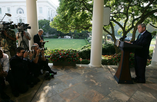 President George W. Bush delivers a statement in the Rose Garden Friday, Aug. 15, 2008, on the situation in Georgia. Said the President, "The United States and our allies stand with the people of Georgia and their democratically elected government. Georgia's sovereignty and territorial integrity must be respected. Moscow must honor its commitment to withdraw its invading forces from all Georgian territory." White House photo by Joyce N. Boghosian