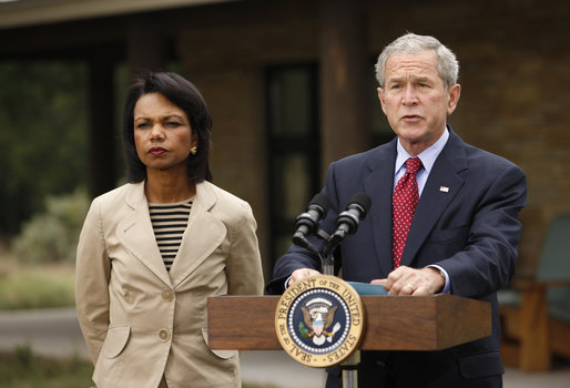 President George W. Bush delivers a statement on the situation in Georgia with Secretary of State Condoleezza Rice in Crawford, Texas, Saturday, Aug. 16, 2008. White House photo by Eric Draper