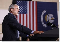 President George W. Bush addresses his remarks Wednesday, Aug. 20, 2008 at the historic Jackson Barracks in New Orleans, on the recovery of the Gulf Coast region three years after Hurricane Katrina. President Bush said, "I think the message here today is hope is being restored. Hope is coming back." White House photo by Eric Draper