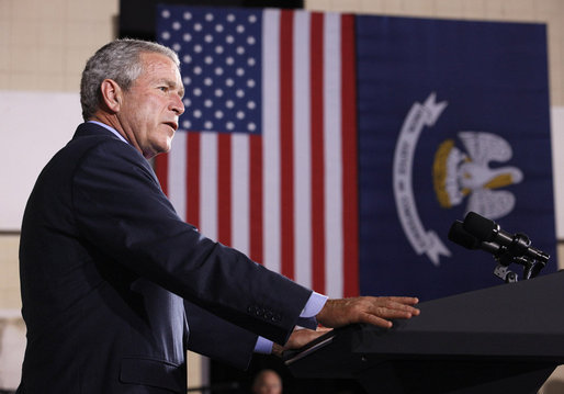 President George W. Bush addresses his remarks Wednesday, Aug. 20, 2008 at the historic Jackson Barracks in New Orleans, on the recovery of the Gulf Coast region three years after Hurricane Katrina. President Bush said, "I think the message here today is hope is being restored. Hope is coming back." White House photo by Eric Draper