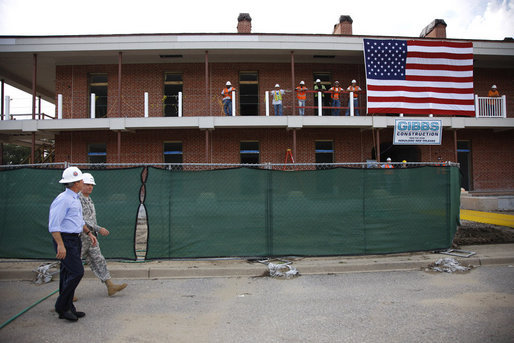 President George W. Bush is given a tour Wednesday, Aug. 20, 2008 of the historic Jackson Barracks of New Orleans, headquarters of the Louisiana National Guard. The barracks were seriously damaged in 2005 by Hurricane Katrina. White House photo by Eric Draper