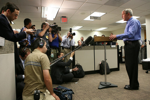 President George W. Bush makes a statement to the press after participating in a briefing on preparations for Hurricane Gustav, at the Federal Emergency Management Agency, (FEMA), Operations Center, Sunday, August 31, 2008 in Washington, DC. White House photo by Chris Greenberg