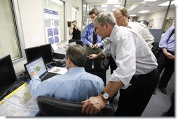 President George W. Bush is shown a computer tracking the latest position of Hurricane Gustav during a briefing Monday, Sept. 1, 2008 at the Texas Emergency Operations Center in Austin, Texas. White House photo by Eric Draper