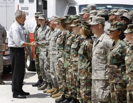 President George W. Bush meets military personnel Monday, Sept. 1, 2008 at the Alamo Regional Command Reception Center at Lackland Air Force Base in San Antonio, Texas, after attending a briefing on the response preparation for Hurricane Gustav. White House photo by Eric Draper