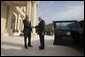 Vice President Dick Cheney is greeted by President of Azerbaijan Ilham Aliyev for meetings at the Summer Presidential Palace Wednesday, Sept. 3, 2008, in Baku, Azerbaijan. Vice President Cheney thanked the President for his country's contributions in the fight against global terrorism, and said, "America deeply appreciates Azerbaijan's contributions to the cause of peace and security, both in this volatile region and internationally. And we support the people of Azerbaijan in their efforts, often in the face of great challenges, to strengthen democracy, the rule of law, and respect for human rights, and to build a prosperous, modern, independent country that can serve as a pillar of moderation and stability in this critical part of the world." White House photo by David Bohrer