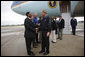 President George W. Bush is greeted by Baton Rouge Mayor Kip Holden after arriving in Louisiana Wednesday, Sept. 3, 2008. The President met with federal, state and local officials at the Louisiana State Emergency Operations Center for a briefing in the aftermath of Hurricane Gustav. White House photo by Eric Draper