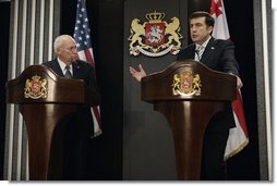 Vice President Dick Cheney looks on as Georgian President Mikheil Saakashvili delivers a statement Thursday, Sept. 4, 2008, following the leaders' meeting at the presidential office in Tbilisi. "Together with our partners in Europe, America and elsewhere, we will rebuild Georgia," the Georgian leader said in response to recent conflict with Russia, adding, "the light of freedom can never be extinguished in Georgia; the spirit and will of my nation, the resolve of my government, are stronger than ever before." White House photo by David Bohrer