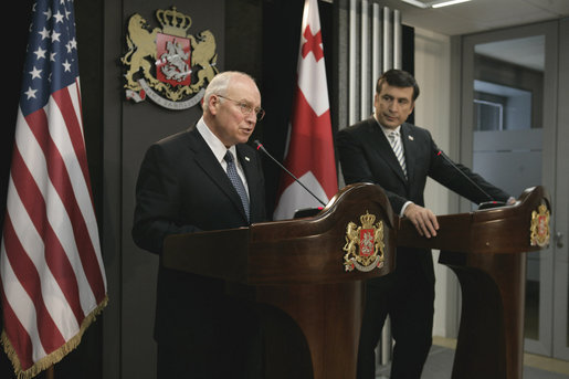 Vice President Dick Cheney is joined by Georgian President Mikheil Saakashvili Thursday, Sept. 4, 2008 in addressing remarks on Georgia's way forward following the young democracy's recent war with Russia. "Americans are acutely conscious of the great trials your country has faced over the last four weeks," said the Vice President. "We will help your people to heal this nation's wounds, rebuild this economy, and to ensure Georgia's democracy, independence and further integration with the West." White House photo by David Bohrer