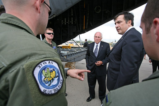 Members of the 37th Airlift Squadron, the Blue Tail Flies, talk with Vice President Dick Cheney and Georgian President Mikheil Saakashvili Thursday, Sept. 4, 2008 during the leaders' visit to a U.S. a relief operation center at Tbilisi International Airport, Georgia. White House photo by David Bohrer